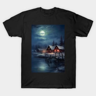 Beautiful Landscape of winter lake in mountain valley - cozy nights in blue skies T-Shirt